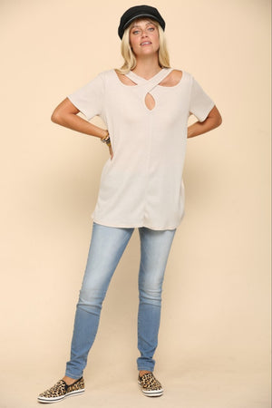 Crisscross Cutout Short Sleeve Top - Beige