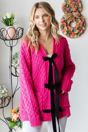 Tie Closure Open Knit Cardigan - Pink