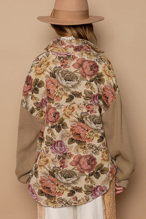 Contrast Sleeves Button Down Floral Jacquard Shirt - Latte/Mocha