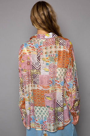 Button-Down Long Sleeve Printed Shirt - Blue/Pink