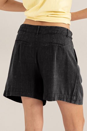 High Waist Pleated Linen Shorts - Black