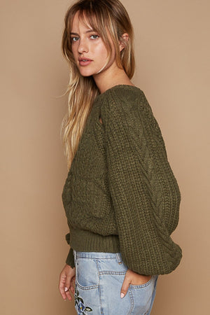 Cable Knit Cutout Long Sleeve Sweater - Dried Olive