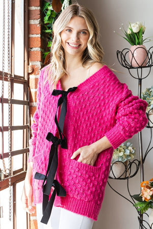 Tie Closure Open Knit Cardigan - Pink