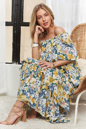 Layered Floral Off-Shoulder Short Sleeve Maxi Dress