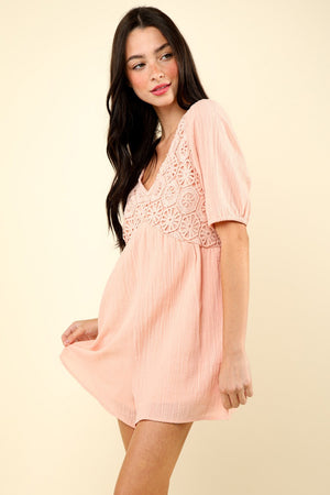 Lace Detail Puff Sleeve Romper with Pockets - Blush