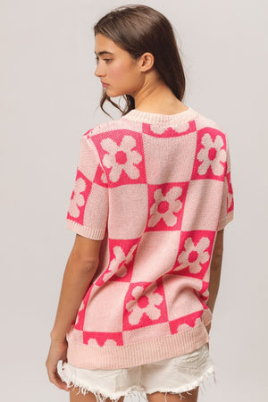 Flower Checkered Pattern Sweater - Pink