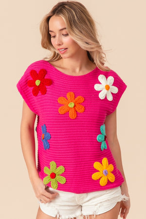 Flower Accent Knit Top - Fuchsia Pink