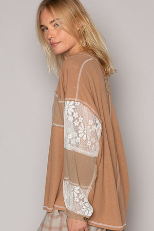 V-Neck Lace Balloon Sleeve Exposed Seam Top