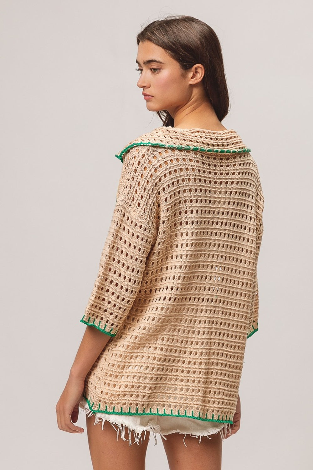 Crochet Cactus Patch Sweater Cardigan - Oatmeal Beige