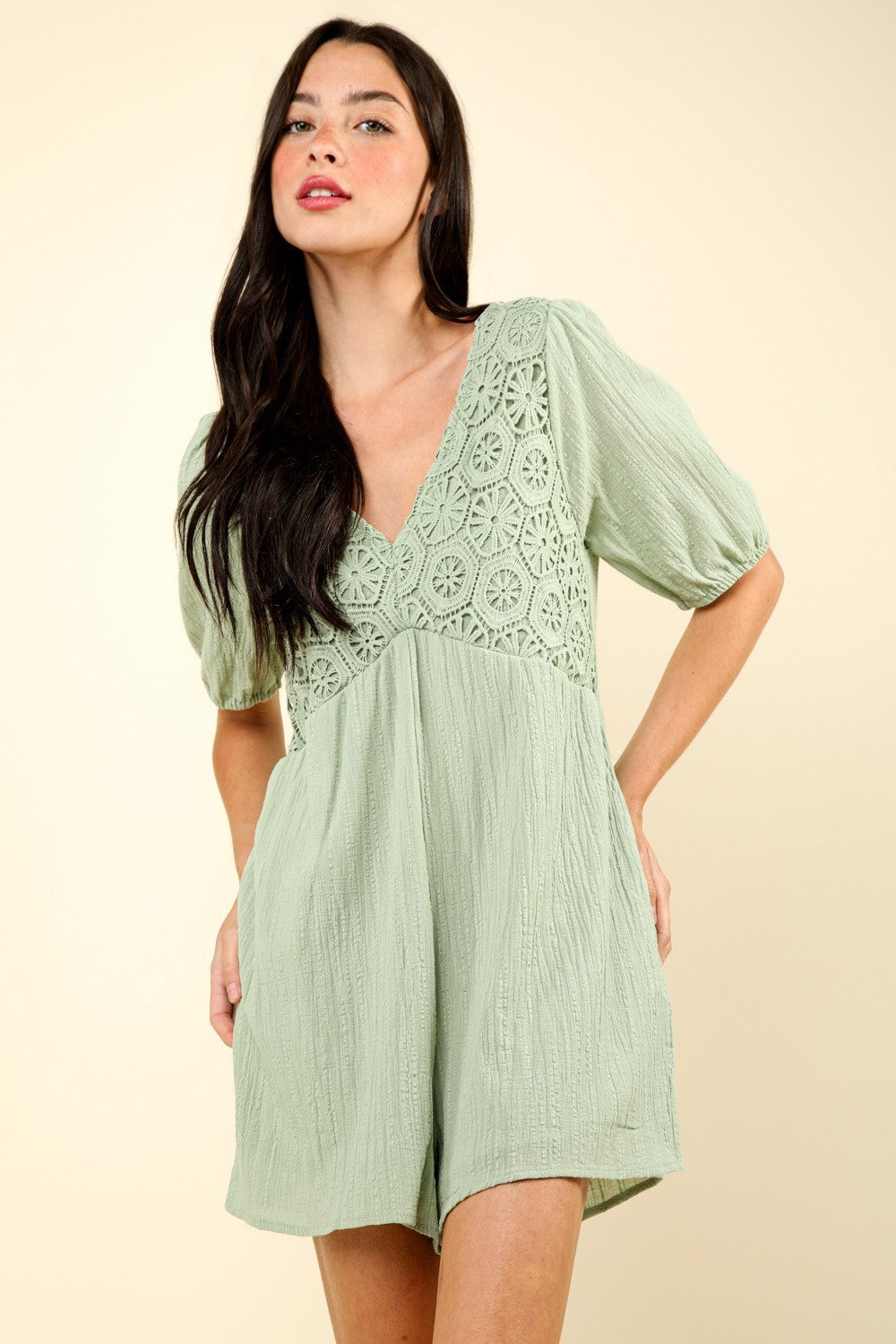 Lace Detail Puff Sleeve Romper with Pockets - Sage Green