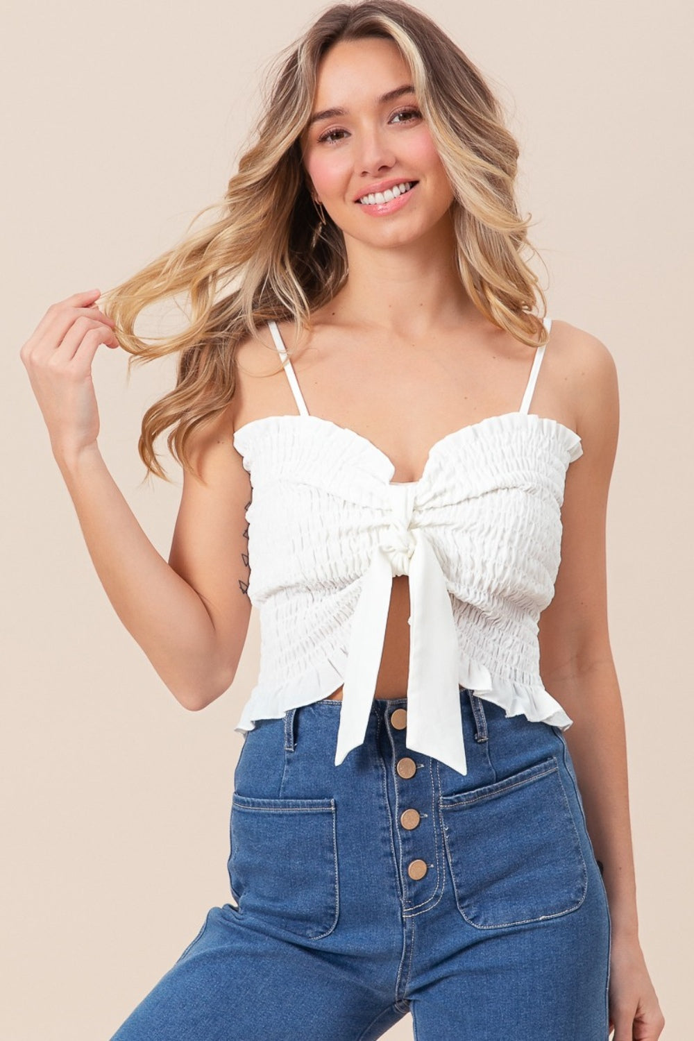 Ruffled Smocked Ribbon Detail Cami - Off White