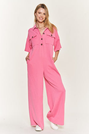 Basic Collar Shirt Wide leg Jumpsuit