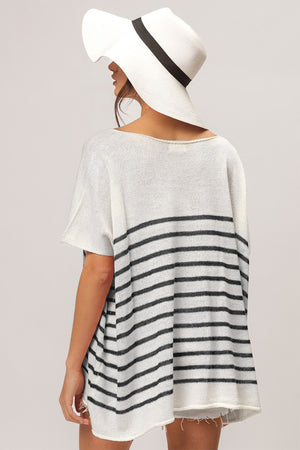 V-Neck Striped Short Sleeve Top - Black