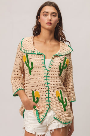 Crochet Cactus Patch Sweater Cardigan - Oatmeal Beige