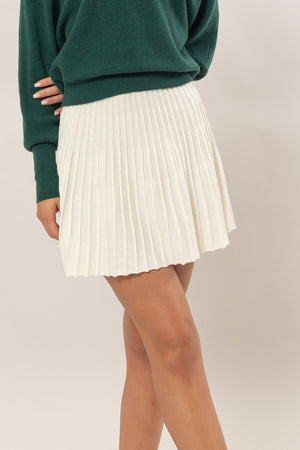 High Waist Knit Pleated Flare Mini Skirt - Cream