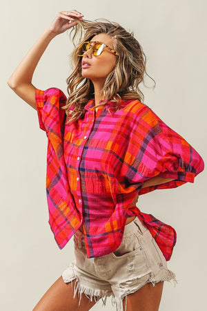 Dolman Sleeve Plaid Shirt