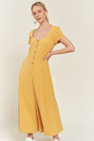 Linen Button Down Jumpsuit - Yellow, Navy