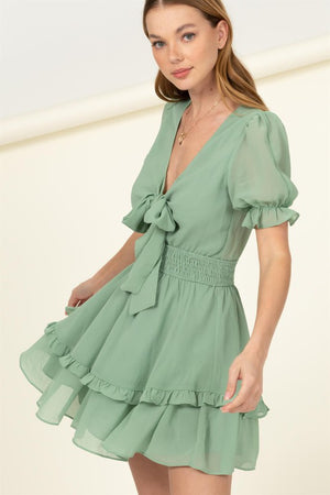Tie Front Mini Dress - Fuchsia Pink, Jade Green