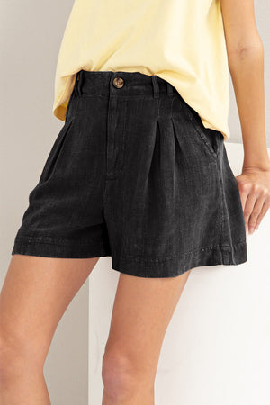 High Waist Pleated Linen Shorts - Black