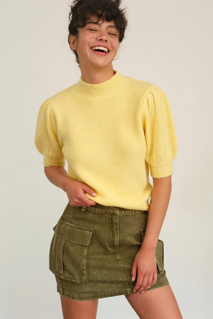 Mock Neck Puff Sleeve Sweater - Yellow