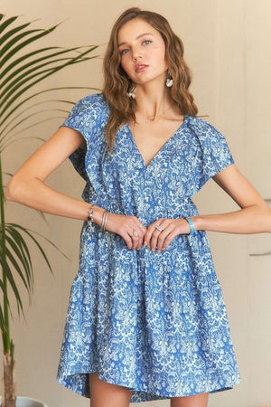 Printed V-Neck Ruffle Sleeve Mini Dress