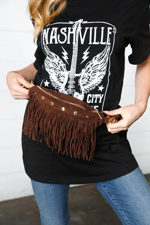 Brown Vegan Suede Sling Fringe Fanny Pack/Crossbody