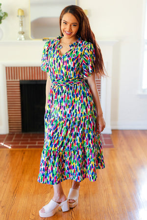 All For You Navy Multicolor Abstract Print Smocked Waist Maxi Dress