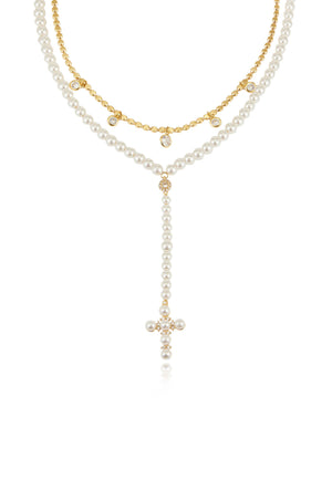 Pearl Cross Drop Lariat Necklace Set