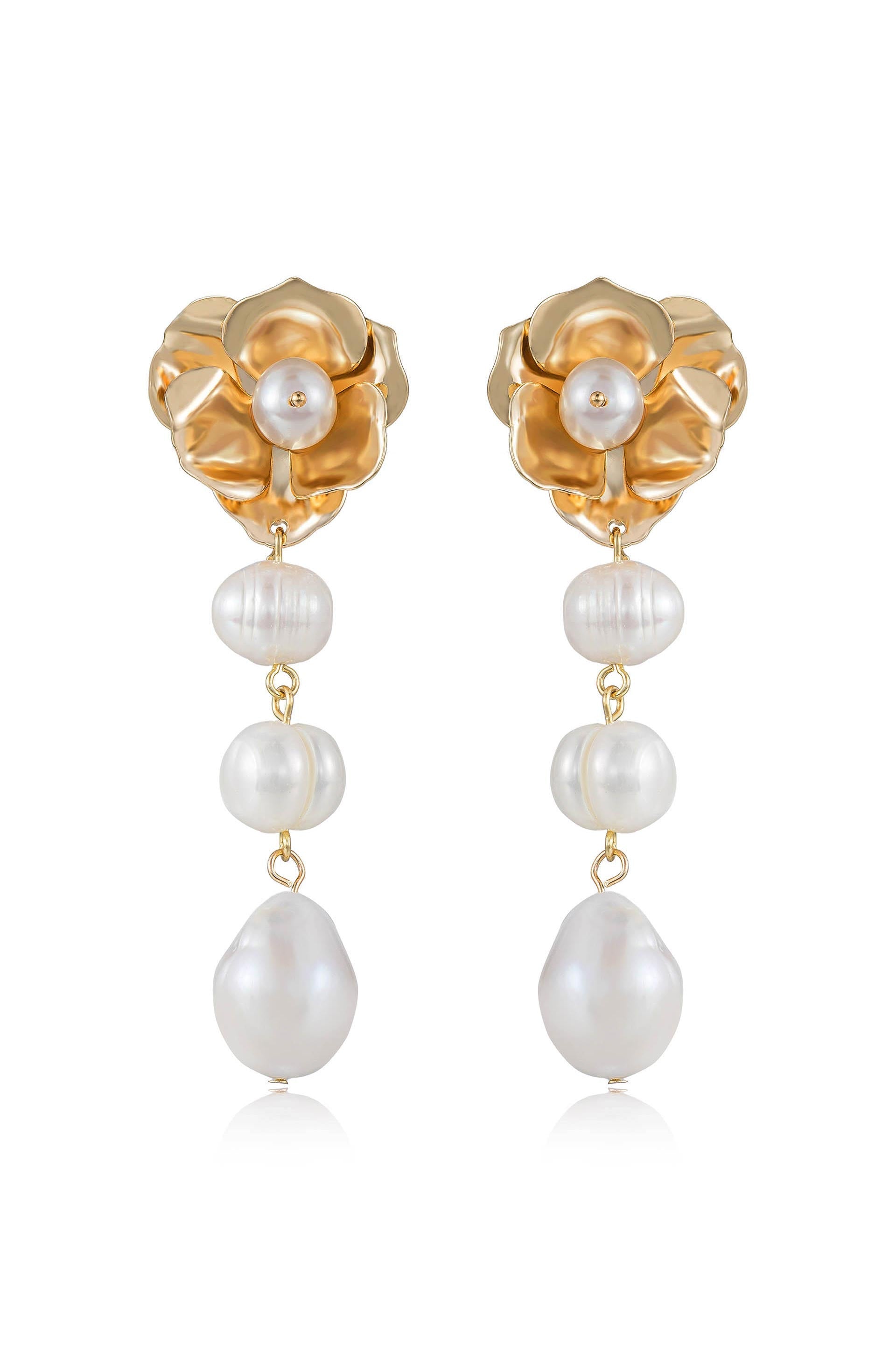 Golden Petals and Graduating Freshwater Pearl Earrings