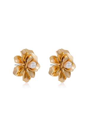 Golden Petals and Pearl Stud Earrings