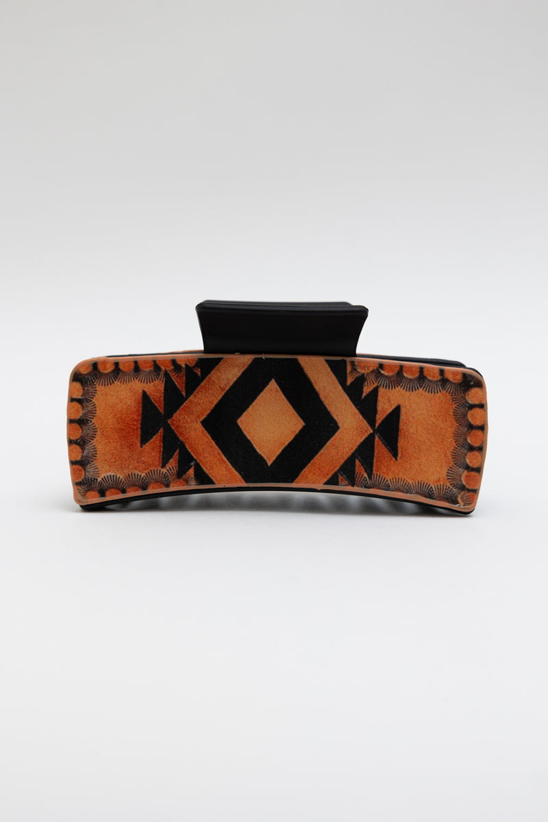 Aztec Sunset Hair Claw Clip with geometric tribal pattern.