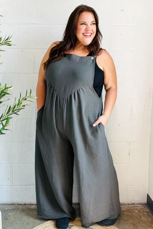 Everyday Grey Olive Wide Leg Suspender Overall Jumpsuit