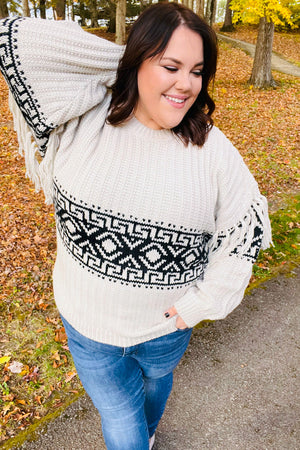 Ready For Anything Taupe & Black Tassel Aztec Sweater