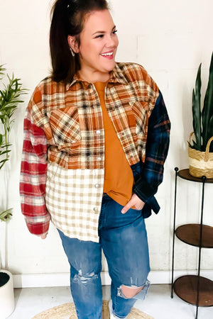 Catch Glances Muticolor Plaid Color Block Snap Button Shacket