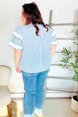 Lost In Love Cotton Blue Gingham Shirred Mock Neck Top