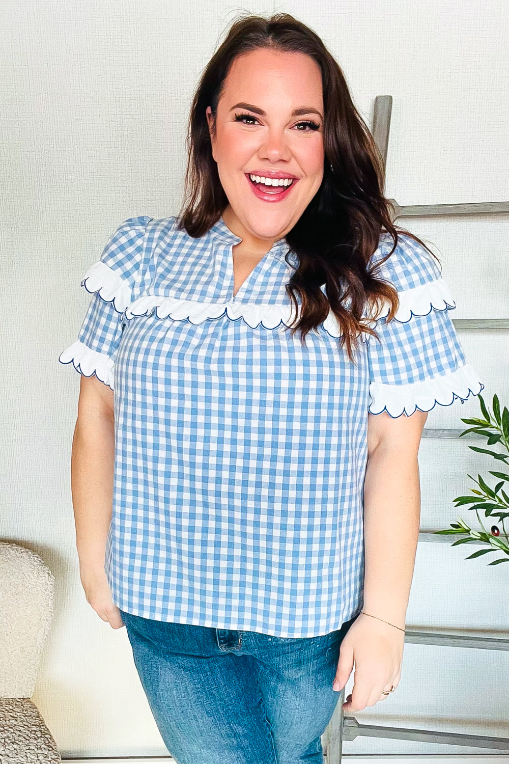 Lost In Love Cotton Blue Gingham Shirred Mock Neck Top