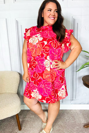 True Love Pink & Red Floral Smocked Ruffle Sleeve Dress