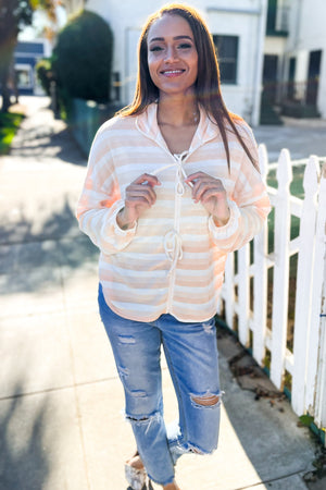 Embrace Joy Beige & Ivory Collar Stripe Bow Tie Terry Top