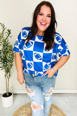 Turn Up The Volume Blue Football Checker Print Top