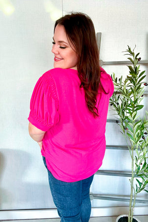 Perfectly You Solid Fuchsia Silk Shirred Cap Short Sleeve Blouse