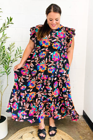 Just A Dream Black Floral Print Smocked Ruffle Sleeve Maxi Dress