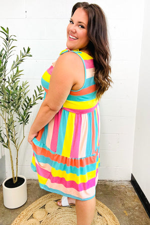 Start The Day Rainbow Stripe Shoulder Tie Tiered Dress