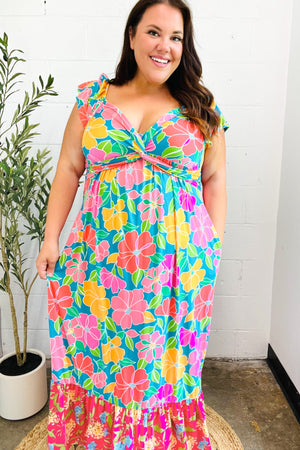 Vacay Vibes Blue Floral Print Sweetheart Twisted Neckline Maxi Dress