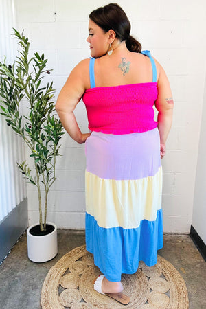 Vacay Vibes Hot Pink & Blue Smocked Color Block Maxi Dress