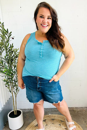 Summer Days Ice Blue Melange Ribbed Henley Button Down Tank