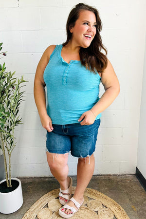 Summer Days Ice Blue Melange Ribbed Henley Button Down Tank