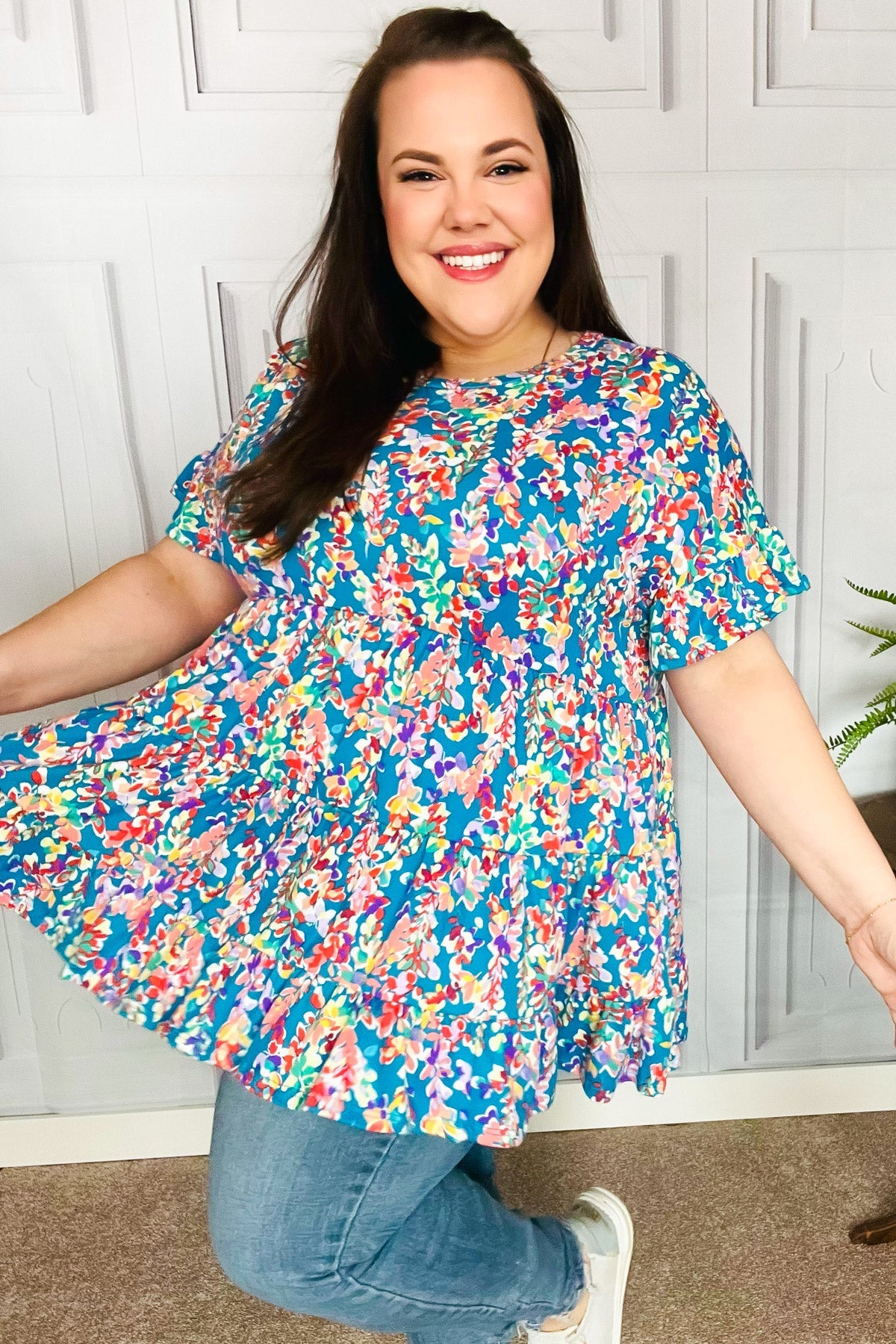 Looking Your Way Blue Floral Ruffle Hem Tiered Top - Knitted Belle Boutique