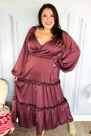 Holiday Vibes Wine Satin Front Overlap Smocked Back Maxi Dress