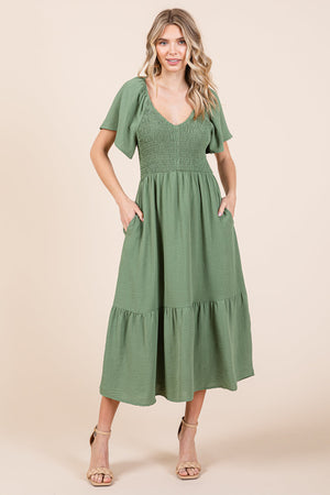 Smocked V Neck Flutter Sleeve Tiered Midi Dress by RolyPoly Apparel