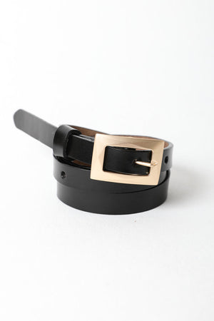 Black chic slim waist belt with durable gold buckle design.